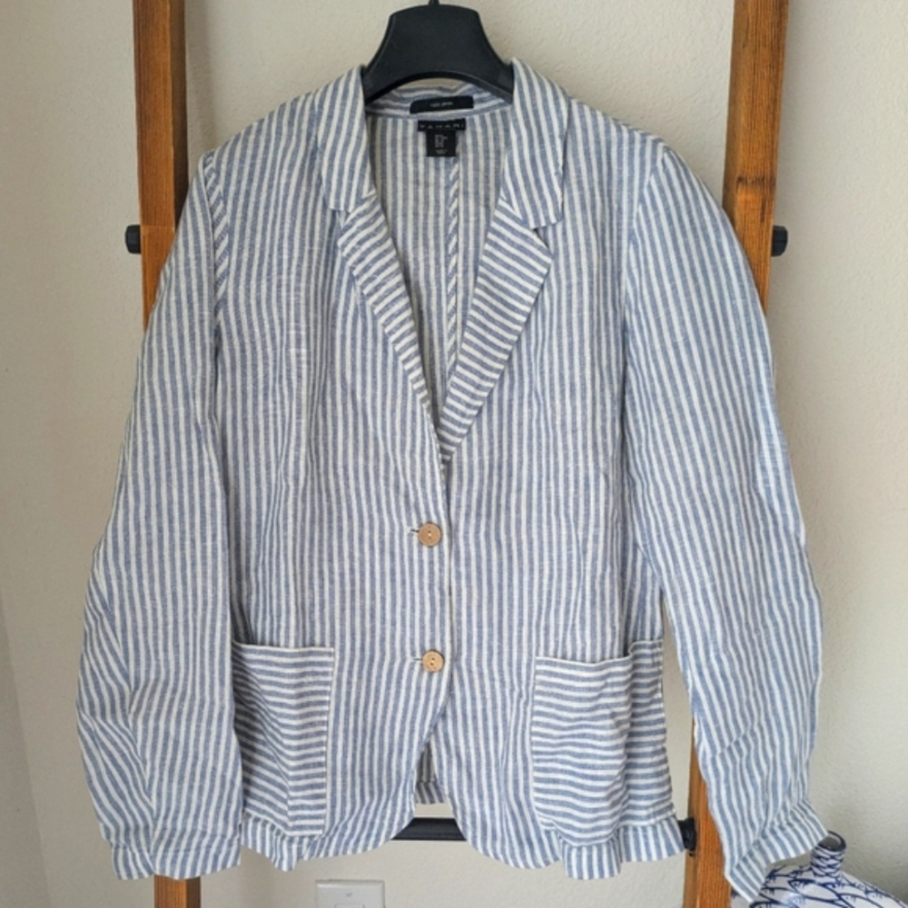 Tahari Women's White And Blue Striped 100% Linen Blazer - Size M